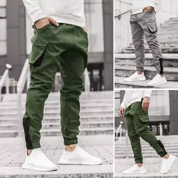 Мужские брюки-карго с эластичной резинкой на щиколотке, свободные однотонные спортивные штаны с карманами в стиле ретро длиной до щиколотки S армия зеленый