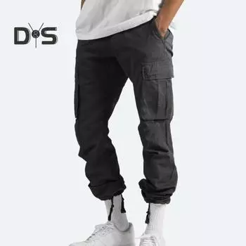 Мужские брюки-карго с эластичной резинкой на талии, винтажные свободные брюки с несколькими карманами, американский стиль, однотонный, мягкий, дышащий, High Street, повседневная спортивная уличная одежда, хип-хоп, длинный L зелёный