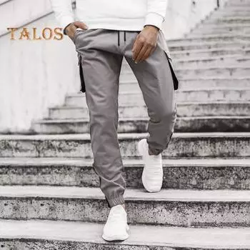 Мужские брюки-карго с эластичной резинкой на щиколотке, свободные однотонные спортивные штаны с карманами в стиле ретро длиной до щиколотки S светло-серый