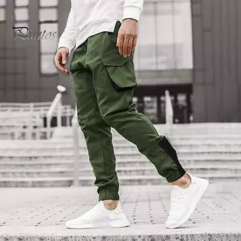 Мужские брюки-карго с эластичной резинкой на щиколотке, свободные однотонные спортивные штаны с карманами в стиле ретро длиной до щиколотки S светло-серый