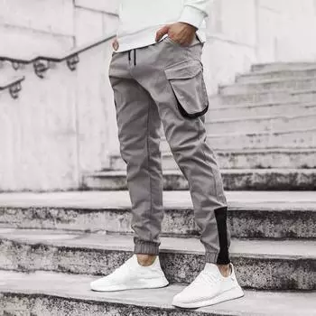 Мужские брюки-карго с эластичной резинкой на щиколотке, свободные однотонные спортивные штаны с карманами в стиле ретро длиной до щиколотки S светло-серый