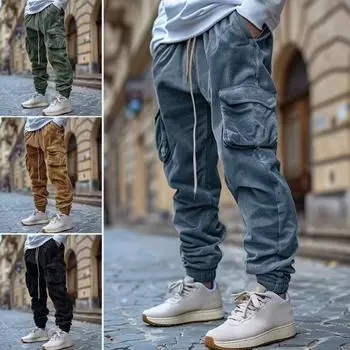 Мужские брюки-карго с эластичной резинкой на щиколотке, свободные однотонные спортивные штаны с карманами в стиле ретро, ветрозащитные брюки длиной до щиколотки L армия зеленый