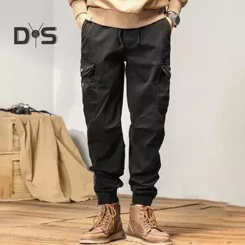 Мужские брюки-карго с эластичной талией на шнурке, однотонные, многокарманные, свободные спортивные брюки с резинкой на щиколотке, повседневная одежда, повседневные брюки L чёрный