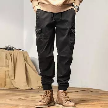 Мужские брюки-карго с эластичной талией на шнурке, однотонные, много карманов, свободные спортивные брюки с резинкой на щиколотке, повседневная одежда, повседневная одежда M чёрный