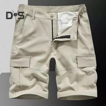 Мужские брюки-карго с эластичной талией, свободные, прямые, однотонные, с несколькими карманами, застежкой-молнией и пуговицами, длиной до колена, короткие спортивные брюки 36 темно-синий