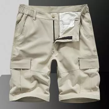 Мужские брюки-карго с эластичной талией, свободные, прямые, однотонные, с несколькими карманами, застежкой-молнией и пуговицами, длиной до колена, короткие спортивные брюки 36 светло-серый