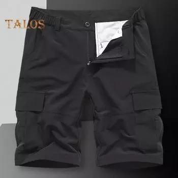 Мужские брюки-карго с эластичной талией, свободные, прямые, однотонные, с несколькими карманами, застежкой-молнией и пуговицами, длиной до колена, короткие спортивные брюки 36 чёрный