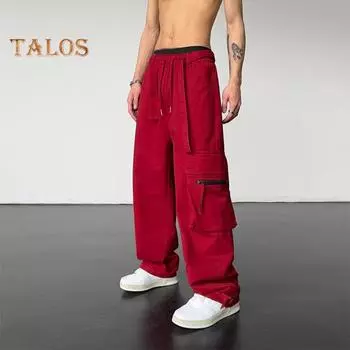 Мужские брюки-карго с большим карманом в стиле хип-хоп, широкие свободные винтажные брюки с эластичной резинкой на талии, длинные брюки с глубоким шаговым швом M красный
