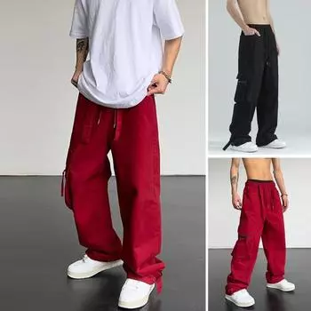 Мужские брюки-карго с большим карманом в стиле хип-хоп, широкие свободные винтажные брюки с эластичной резинкой на талии, длинные брюки с глубоким шаговым швом M красный