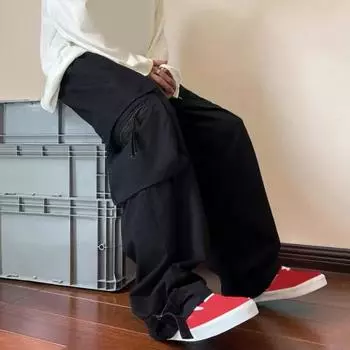 Мужские брюки-карго с большим карманом в стиле хип-хоп, широкие свободные винтажные брюки с эластичной резинкой на талии, длинные брюки с глубоким шаговым швом M чёрный