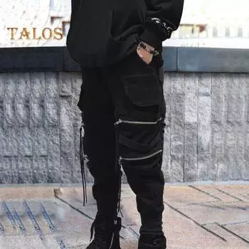 Мужские брюки-карго с декором из молнии, свободные, с резинкой на щиколотке, средней посадки, однотонные, разноцветные, в стиле хип-хоп, для улицы, путешествий, спорта S чёрный