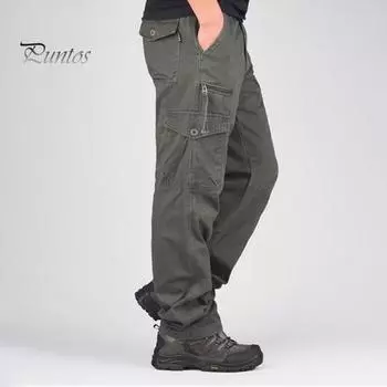 Мужские брюки-карго с несколькими карманами и пуговицами на молнии плюс размер с эластичной резинкой на талии Прямые свободные широкие брюки сплошного цвета для спортзала на открытом воздухе длинные брюки XL чёрный