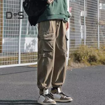 Мужские брюки-карго с несколькими карманами, свободные, с глубоким промежностью, однотонные, с ремешком на щиколотке, в стиле ретро, мягкие дышащие, уличная одежда со средней талией, мужские длинные брюки XL серый