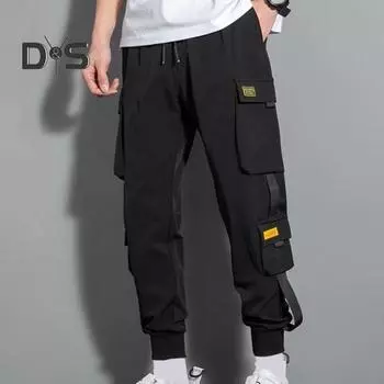 Мужские брюки-карго с несколькими карманами, сплошной цвет, декор на ремне, свободные шнурки, эластичная талия, большие размеры, повседневная одежда, уличная одежда, длинные рабочие брюки на открытом воздухе L чёрный