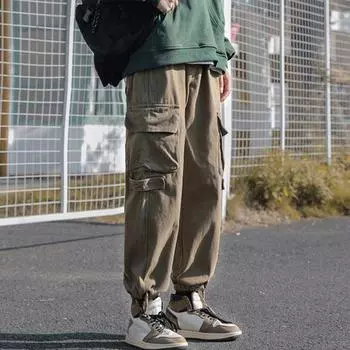 Мужские брюки-карго с несколькими карманами, свободные, с глубоким промежностью, однотонные, с ремешком на щиколотке, в стиле ретро, мягкие дышащие, уличная одежда со средней талией, мужские длинные брюки XL хаки