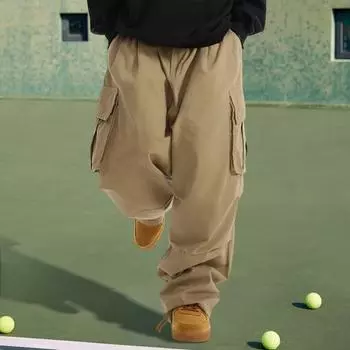 Мужские брюки-карго с несколькими карманами на шнурке и эластичной резинкой на талии, винтажные широкие брюки в стиле хип-хоп, уличная одежда, свободные однотонные уличные длинные брюки M хаки