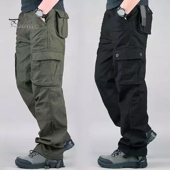 Мужские брюки-карго с несколькими карманами и пуговицами на молнии, прямые широкие брюки, уличная одежда, свободные однотонные уличные длинные брюки 33 армия зеленый