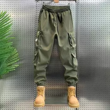 Мужские брюки-карго с несколькими карманами и завязками на талии, уличная одежда в стиле хип-хоп, эластичные свободные однотонные длинные брюки для спортзала и улицы XL хаки