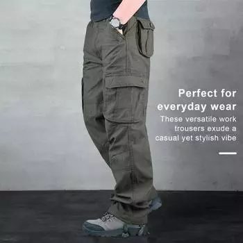 Мужские брюки-карго с несколькими карманами и застежкой на пуговицы, прямая уличная одежда, широкие брюки на молнии, свободные однотонные уличные длинные брюки 34 зелёный