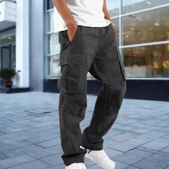 Мужские брюки-карго с несколькими карманами, эластичным поясом на шнурке, регулируемыми штанинами, свободные однотонные длинные шаровары для занятий спортом и отдыха на открытом воздухе M темно-серого