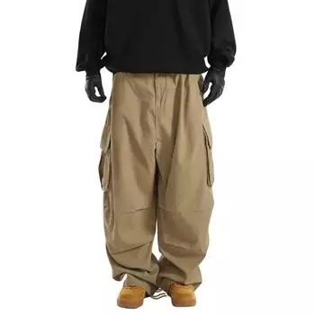 Мужские брюки-карго с несколькими карманами, эластичным поясом и шнурком, винтажные широкие брюки в стиле хип-хоп, свободные однотонные длинные брюки для улицы L чёрный