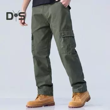 Мужские брюки-карго с несколькими карманами, прямые хлопковые брюки со средней талией, застежка-молния на пуговицы, свободные брюки для путешествий и школы S хаки