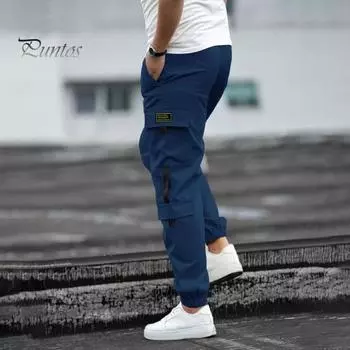 Мужские брюки-карго с несколькими карманами, в уличном стиле, с резинкой на щиколотке, в стиле ретро, с эластичной резинкой на талии для повседневной носки на открытом воздухе и на работе M синий