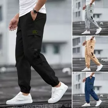 Мужские брюки-карго с несколькими карманами в уличном стиле с резинкой на щиколотке и эластичным поясом на шнурке M чёрный