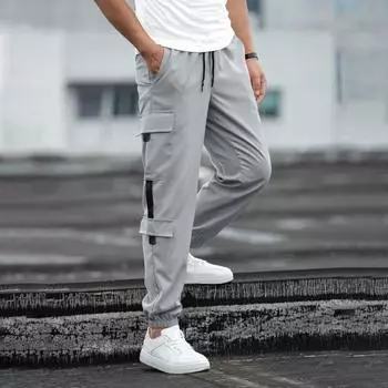 Мужские брюки-карго с несколькими карманами в уличном стиле с резинкой на щиколотке в стиле ретро M светло-серый