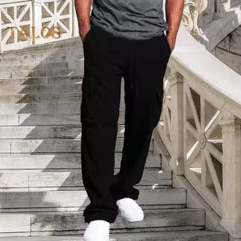 Мужские брюки-карго с несколькими карманами, свободные, однотонные, с завязками на резинке, с поясом, длинные, повседневные спортивные брюки M чёрный