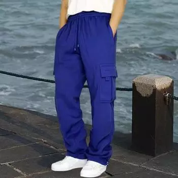 Мужские брюки-карго с несколькими карманами, свободные, однотонные, с завязками на резинке, с поясом, длинные, повседневные спортивные брюки L королевский синий