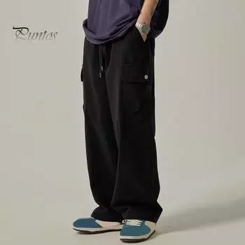 Мужские брюки-карго с несколькими карманами в американском стиле, прямые, широкие, свободные, с завязками на резинке, на талии, для повседневных путешествий M чёрный