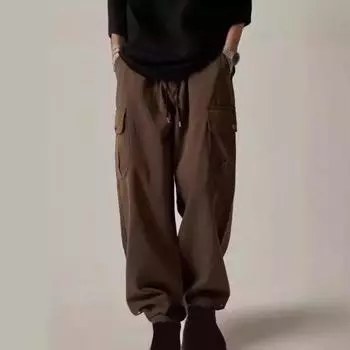 Мужские брюки-карго с несколькими карманами, в американском стиле, прямые, широкие, со шнурком M чёрный