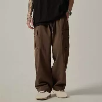 Мужские брюки-карго с несколькими карманами в американском стиле, прямые, широкие, свободные, с завязками на резинке, на талии, для повседневных путешествий M чёрный