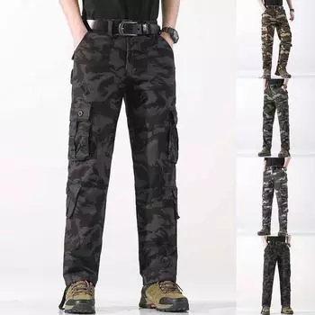 Мужские брюки-карго с несколькими карманами и камуфляжным принтом. Мужские брюки-карго для активного отдыха, устойчивые к разрывам. 31 чёрный