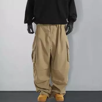 Мужские брюки-карго с несколькими карманами, затягивающимся шнурком на талии, винтажные, широкие, эластичные, для улицы, свободные, однотонные, для улицы, длинные L чёрный