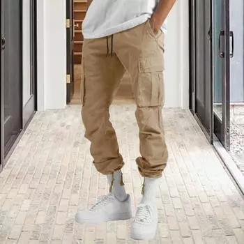 Мужские брюки-карго с несколькими карманами, эластичным поясом на шнурке, однотонные свободные брюки для работы, отдыха и спорта M вино красного