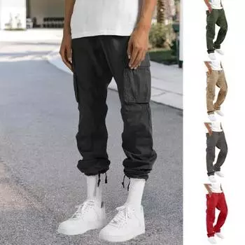 Мужские брюки-карго с несколькими карманами, эластичным поясом на шнурке, однотонные свободные брюки для работы, отдыха и спорта XXL темно-серого