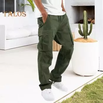 Мужские брюки-карго с несколькими карманами, эластичным поясом на шнурке, однотонные свободные брюки для работы, отдыха и спорта XL хаки