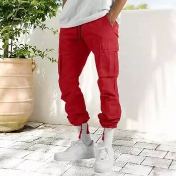 Мужские брюки-карго с несколькими карманами, эластичным поясом на шнурке, однотонные свободные брюки для работы, отдыха и спорта M армия зеленый
