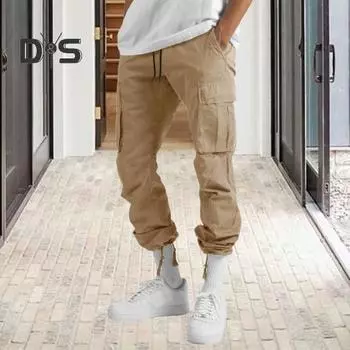 Мужские брюки-карго с несколькими карманами, эластичным поясом на шнурке, однотонные свободные брюки для работы, отдыха и спорта XXXL хаки