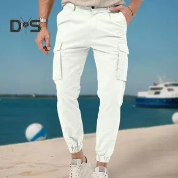 Мужские брюки-карго с прямыми боковыми карманами на щиколотке и застежкой-молнией на пуговицах, однотонные спортивные штаны для тренировок в тренажерном зале, длинные брюки XL чёрный