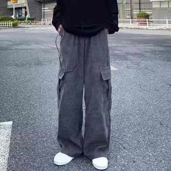 Мужские брюки-карго с широкими штанинами, прямые, с эластичной резинкой на талии, свободные, с несколькими карманами, однотонные, High Street, мягкие дышащие, мужские длинные брюки полной длины M серый