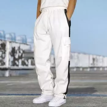 Мужские брюки-карго с широкими штанинами, свободные эластичные брюки со средней талией, однотонные, мягкие дышащие, повседневные спортивные прямые спортивные штаны для бега, осенне-весенние брюки 2XL чёрный