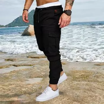 Мужские брюки-карго с тонкими эластичными шнурками на щиколотке и эластичной цветной талией, однотонные карманы, спортивные штаны для тренировок в тренажерном зале, длинные уличные брюки M темно-серого