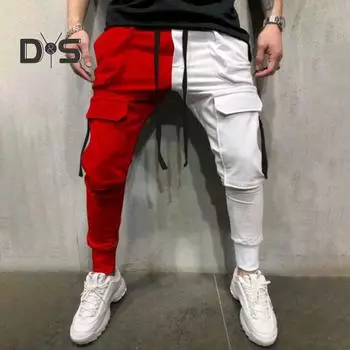 Мужские брюки-карго с завязками, эластичной резинкой на талии, свободные, с несколькими карманами, контрастного цвета, мягкие, дышащие, с ремешками на щиколотке, повседневные виды спорта, уличная одежда, хип-хоп, длинные виды спорта M красный/синий
