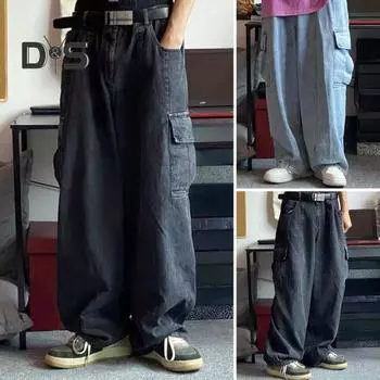 Мужские брюки-карго средней посадки в стиле ретро с несколькими карманами, прямые, широкие, однотонные, повседневные брюки в уличном стиле XL чёрный