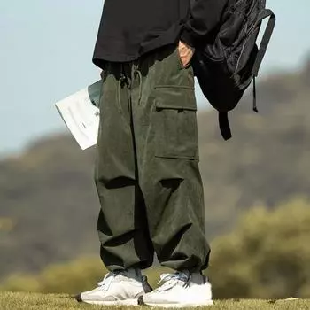 Мужские брюки-карго свободного кроя, однотонные, винтажный стиль, вельвет, уличный стиль, прямые, широкие, с несколькими карманами, для путешествий на открытом воздухе M чёрный