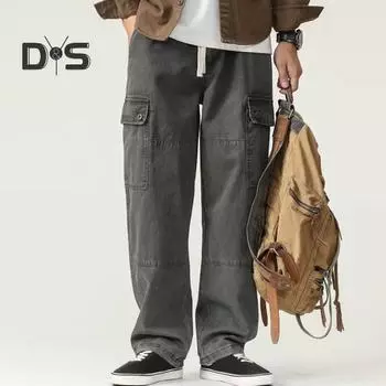 Мужские брюки-карго свободного кроя, однотонные, винтажный стиль, уличный стиль, широкие прямые брюки с несколькими карманами, уличные брюки для путешествий на открытом воздухе M зелёный