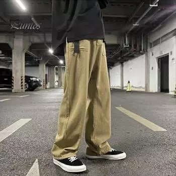 Мужские брюки-карго свободного кроя, однотонные, винтажный японский стиль, уличный стиль, широкие прямые карманы, уличные брюки для путешествий на открытом воздухе M хаки